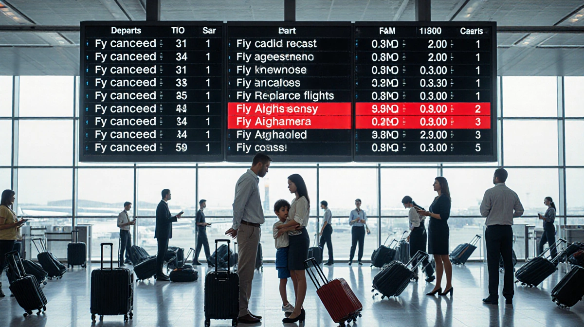 Parents standing in front of departure board with canceled flight number and scattered luggage amid frustrated travelers.