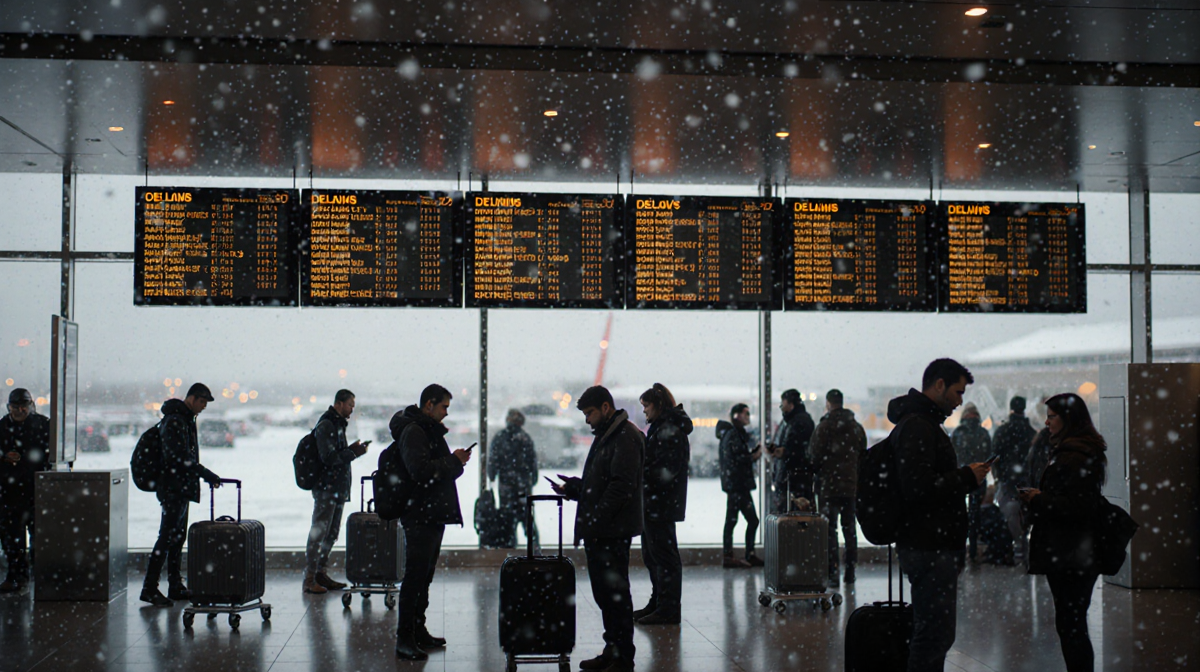 Passengers checking phones with cancelled and delayed flight boards and snowy sky in dim terminal.