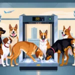 13 detection dogs sniffing a gleaming metal detector with terminals and security checkpoints nearby.