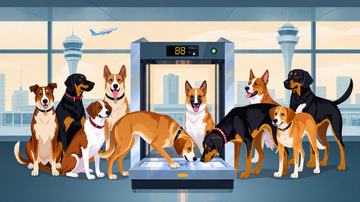 13 detection dogs sniffing a gleaming metal detector with terminals and security checkpoints nearby.