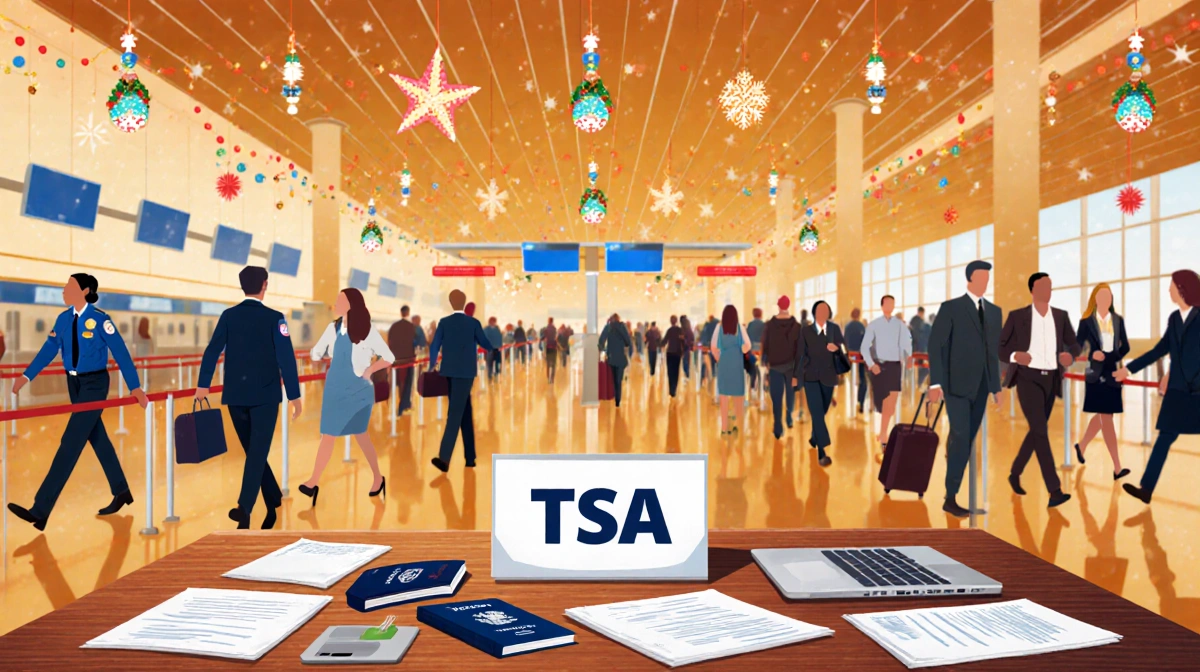 TSA agents verifying passports with documents and laptops a wooden table sign in an airport terminal