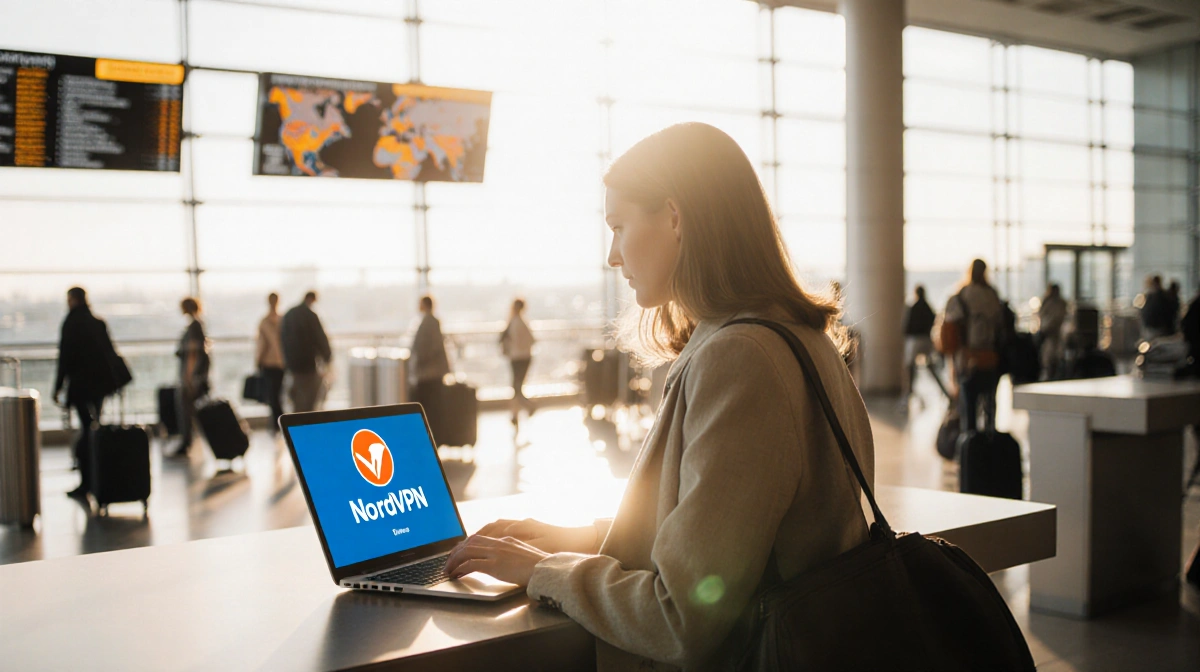 Female traveler sits at airport desk with laptop displaying VPN logo and natural light flooding the scene.
