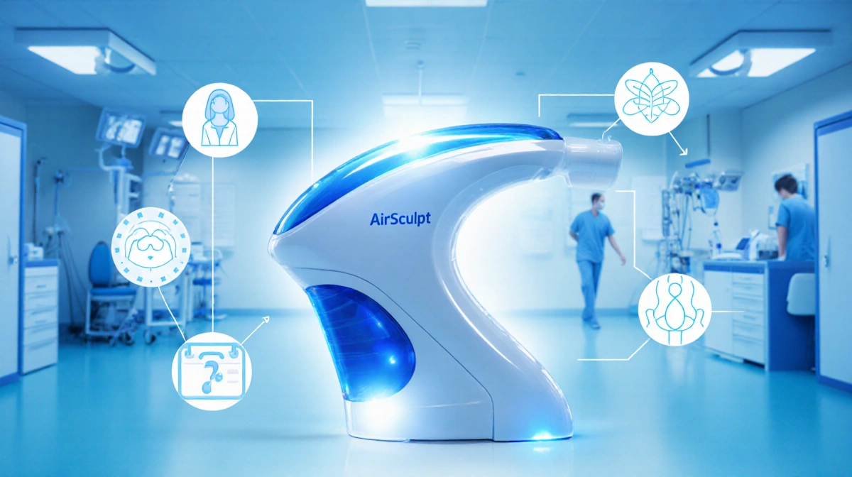AirSculpt device glows with sleek curved design and faint glow in a tidy operating room with surgical tools