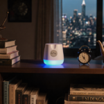 Glowing AirTag sits atop cluttered bookshelf with stacks of books and vintage trinkets and a cityscape outside the window