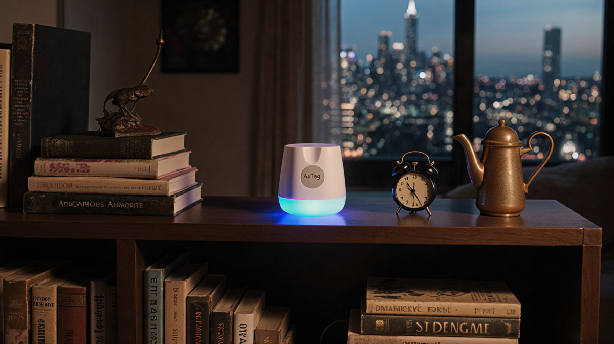 Glowing AirTag sits atop cluttered bookshelf with stacks of books and vintage trinkets and a cityscape outside the window