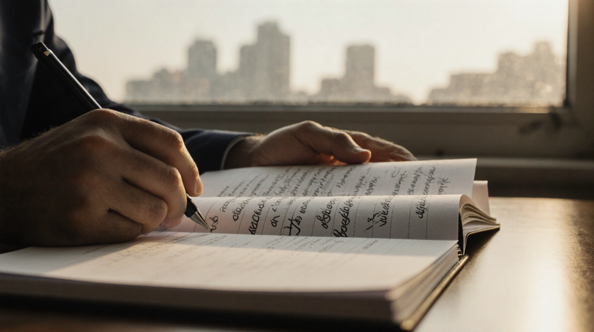 Alan Jackson writing legal notes in notebook with lawyer