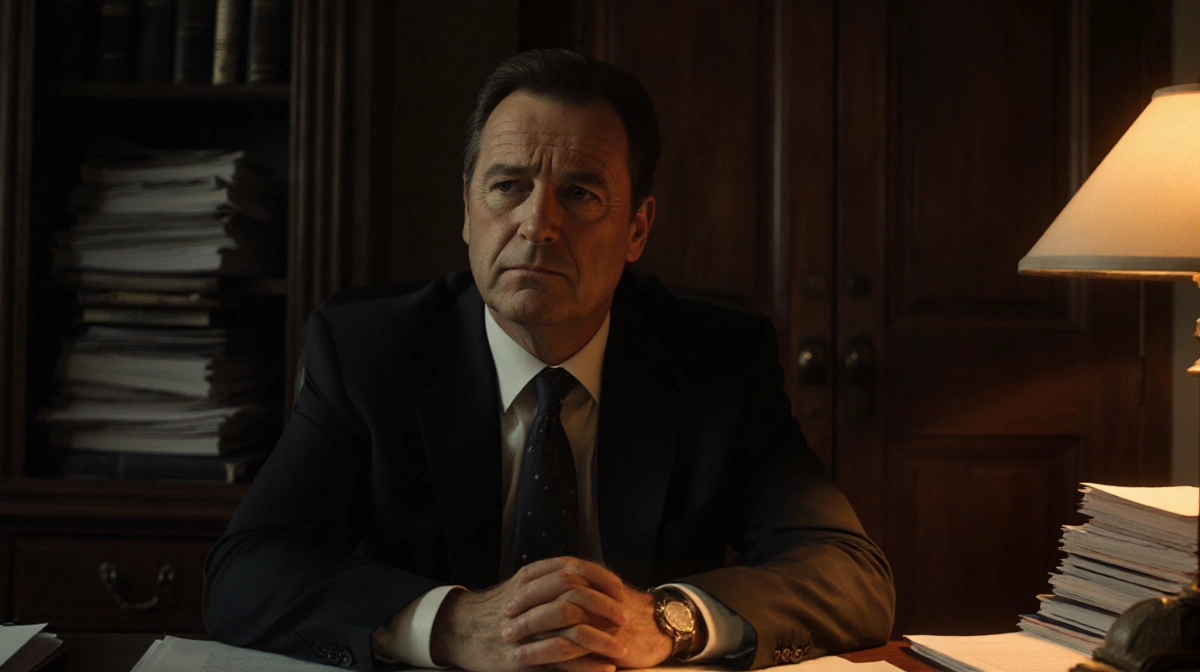 Alan Jackson sits at desk with legal papers and glowing lamp showing concern on his face