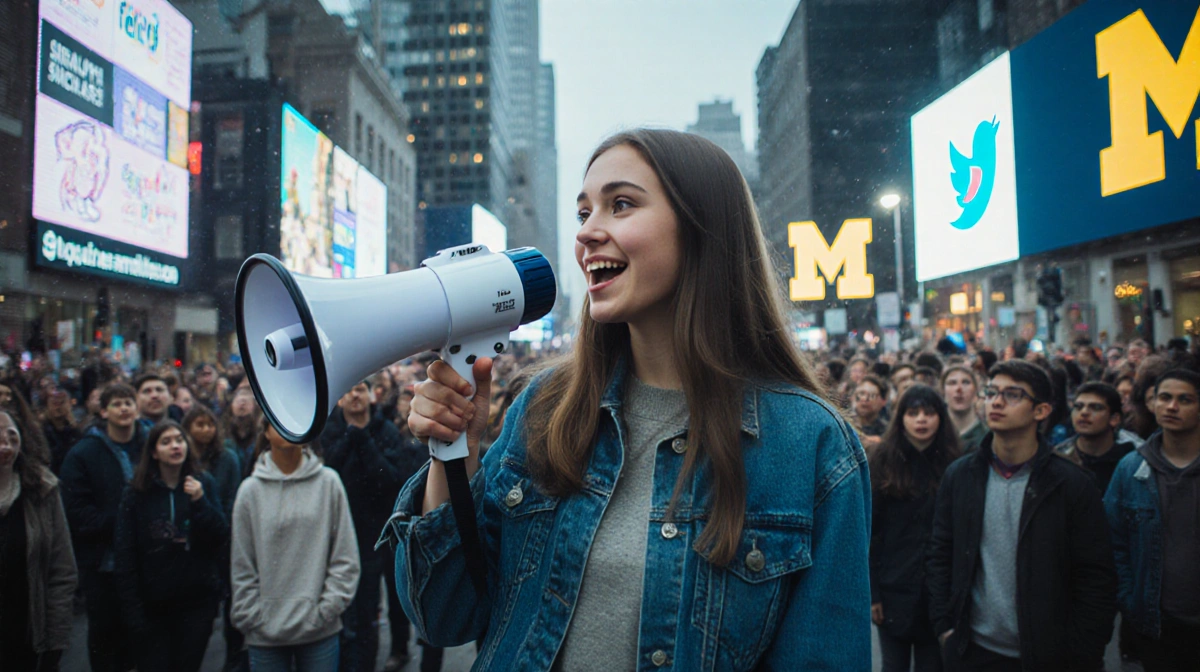 Alana Bobbitt addresses college students with megaphone and screens showing language and media logos near Michigan logo
