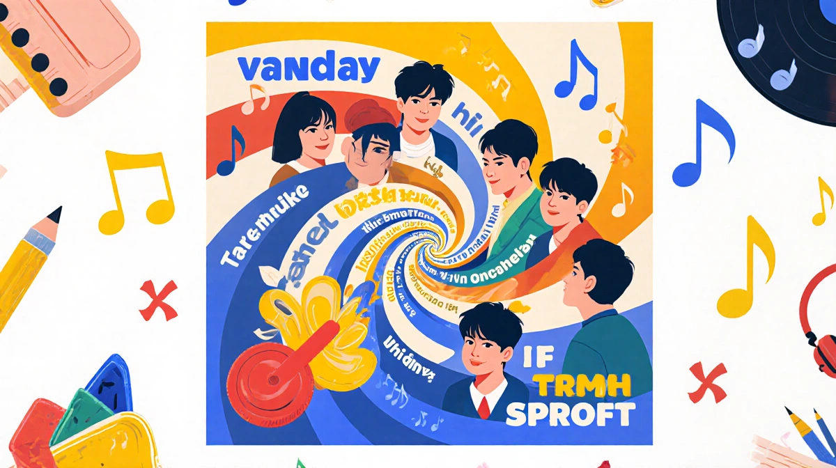 Spiral design spins with members' names in bold fonts and music notes surrounding the album cover.