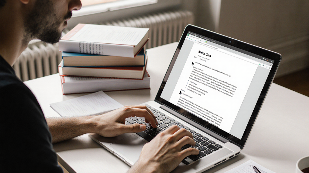 Graduate student Aldan Creo typing at a desk with a laptop showing a blank page and a cursor with AI research books behind.