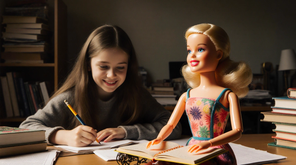 Young author Alex Aster writes in notebook with vintage Barbie doll holding pen and books stacked nearby