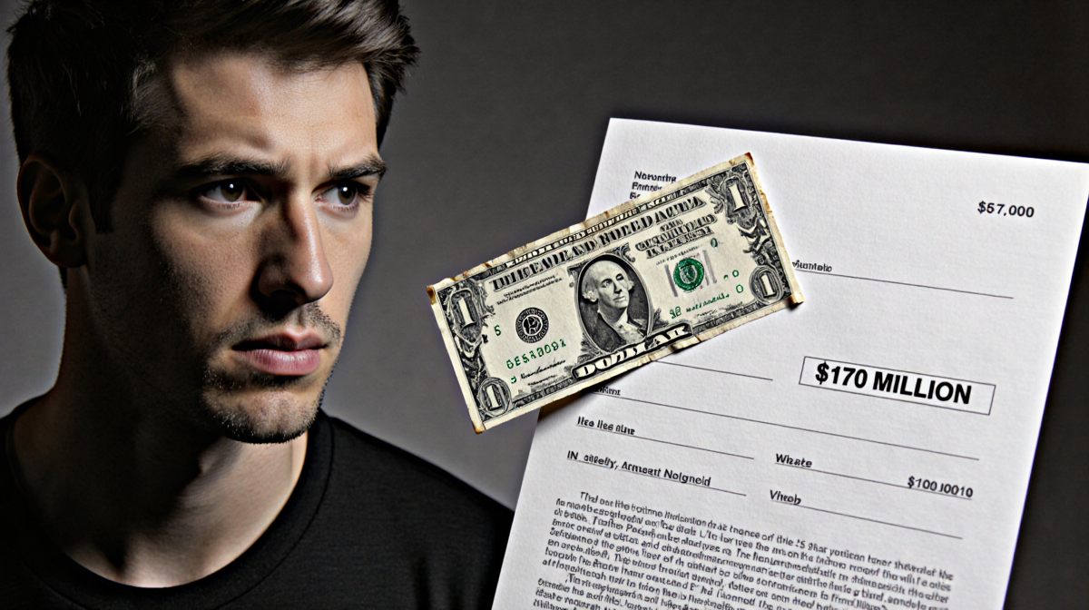 The worn dollar bill sits beside a large check showing a $170 million salary with Alex Honnold's face in shadow.