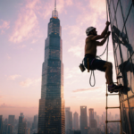 Alex Honnold scaling Taipei 101 skyscraper with rope ladder and sunset sky ablaze with orange and pink.