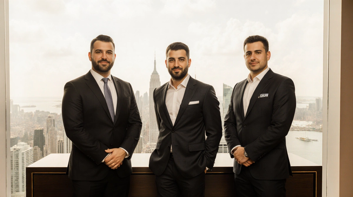 Two brothers stand confidently at modern desk with city skyline and third brother beside them showing security logo