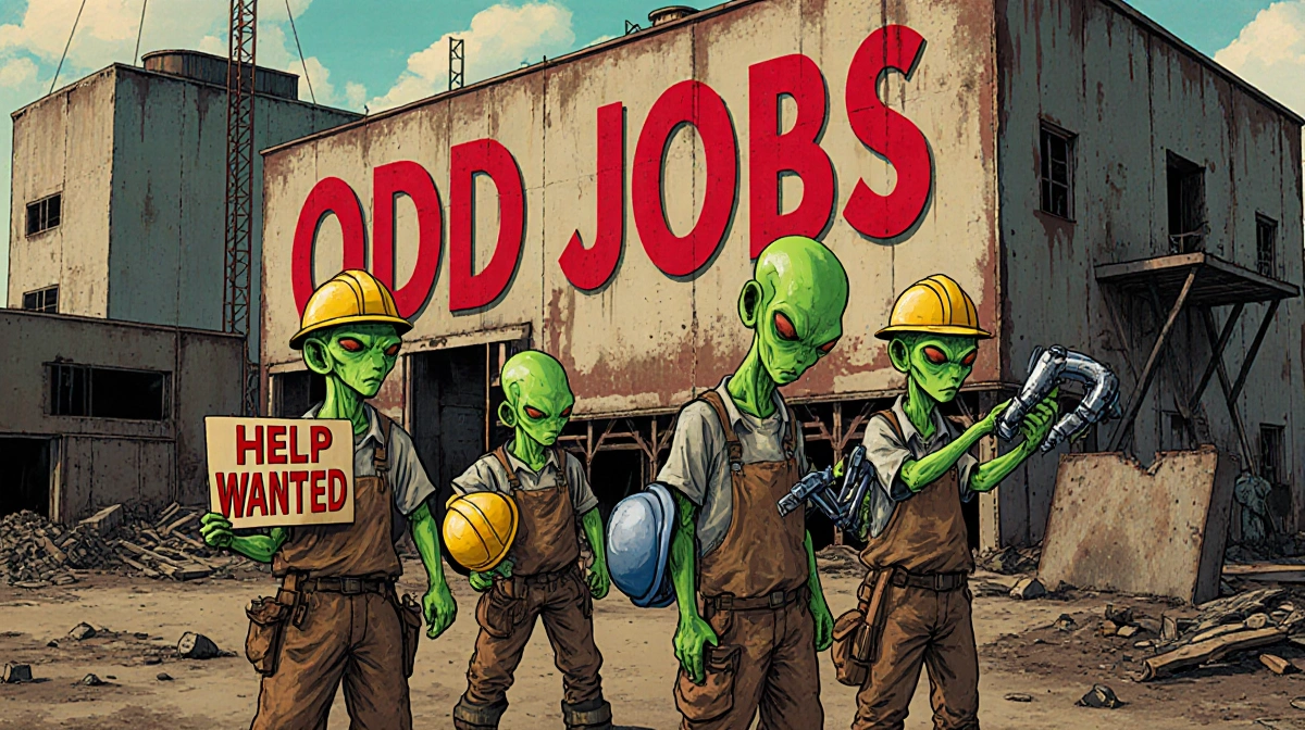 Four cartoon aliens holding help wanted sign and tools with industrial building showing ODD JOBS logo behind construction sit