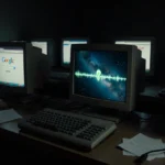Old computers search for aliens with starscape and waveform glowing on center screen