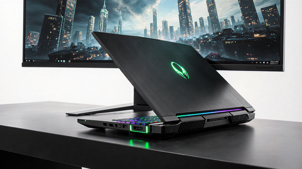 Gaming laptop opening lid revealing RGB keyboard with sleek desk and large monitor showing futuristic cityscape.