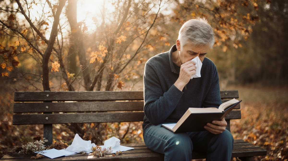 Person studying medical textbook with tissues scattered on bench and autumn leaves blurred behind