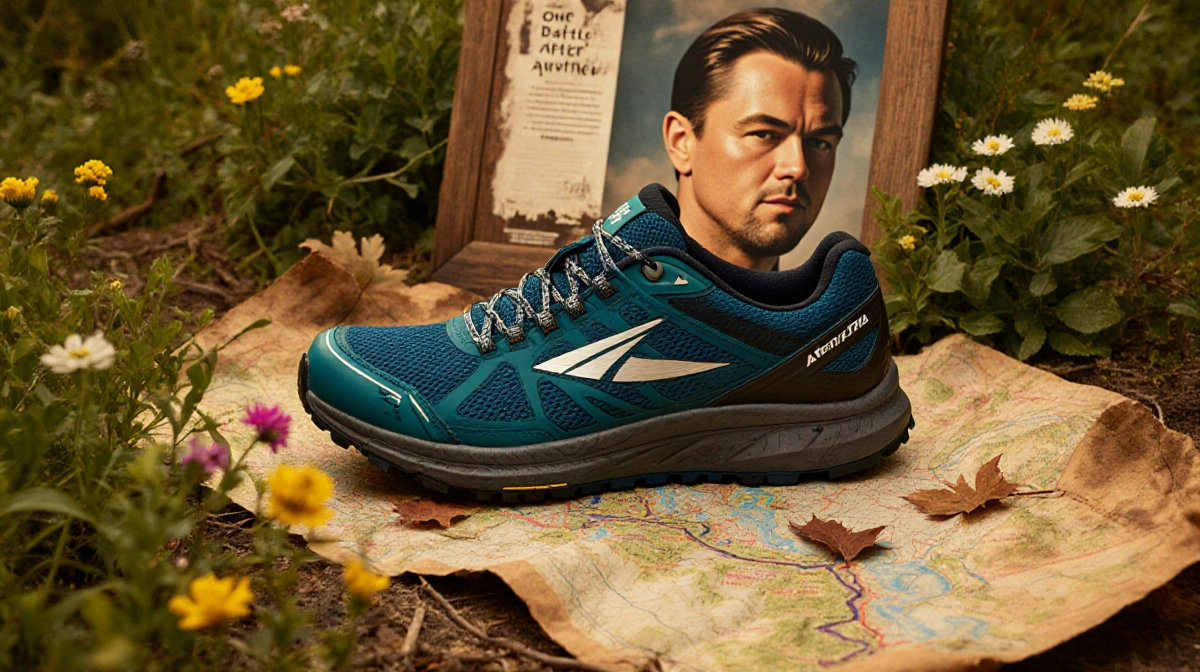 Altra running shoes rest on a weathered trail map with a faded Leonardo DiCaprio poster visible behind them and wildflowers s