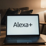 Amazon Echo device showing Alexa+ logo with soft lamp glow and smartphone nearby in a modern living room hinting unease