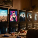 Glowing Amazon Fire TV devices stack with screens showing different shows and cluttered room with couches and cables