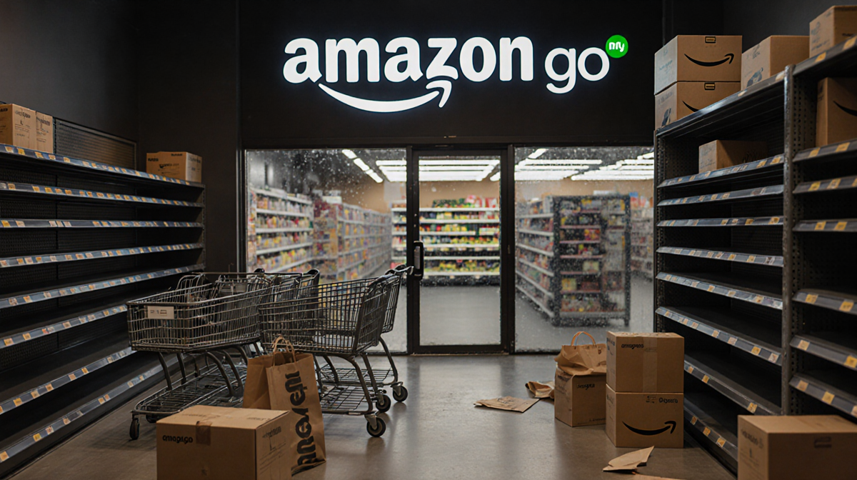 Amazon Go store stands empty with closed doors and scattered carts on empty shelves