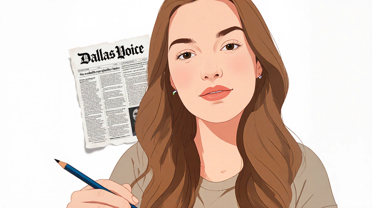 Amber Glenn sits confidently with a proud expression and pen in hand with a newspaper clipping behind her