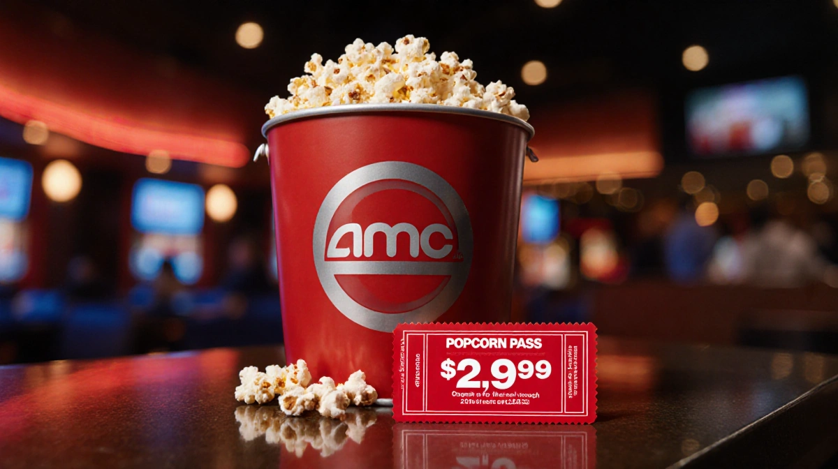 AMC popcorn bucket sits on theater counter with red ticket stub showing $29.99 Popcorn Pass deal