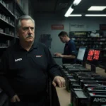 AMD representative examining discounted GPUs with empty shelves and laptop nearby