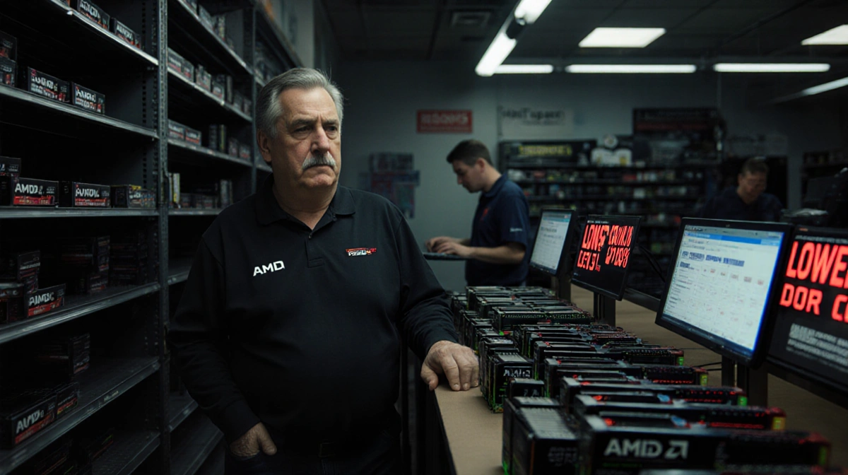 AMD representative examining discounted GPUs with empty shelves and laptop nearby