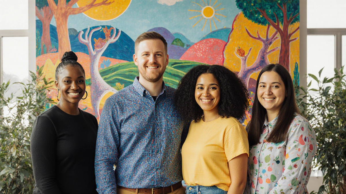 Four artists standing in front of a colorful mural at the Amon Carter Museum of American Art with natural light and greenery.