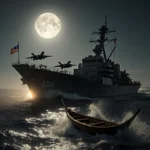 Amphibious assault ship approaches Venezuelan coast with golden glow and a wooden pirogue swept by waves