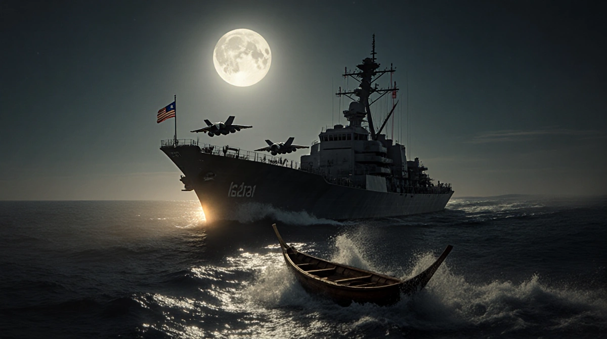 Amphibious assault ship approaches Venezuelan coast with golden glow and a wooden pirogue swept by waves