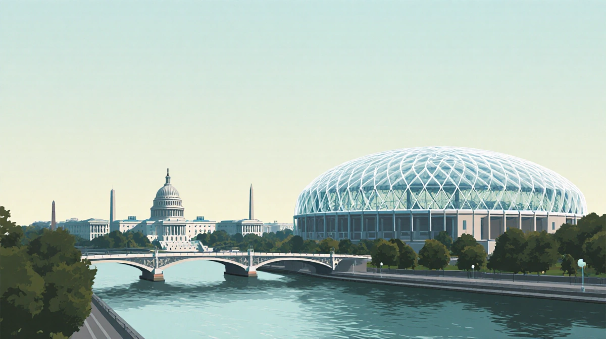 Transparent domed roof rises above Anacostia River with Capitol dome visible in distance and RFK Stadium legacy design elemen