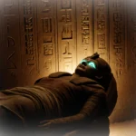 A mummy with glowing eyes peers from an open sarcophagus with golden light illuminating ancient Egyptian hieroglyphs on tomb