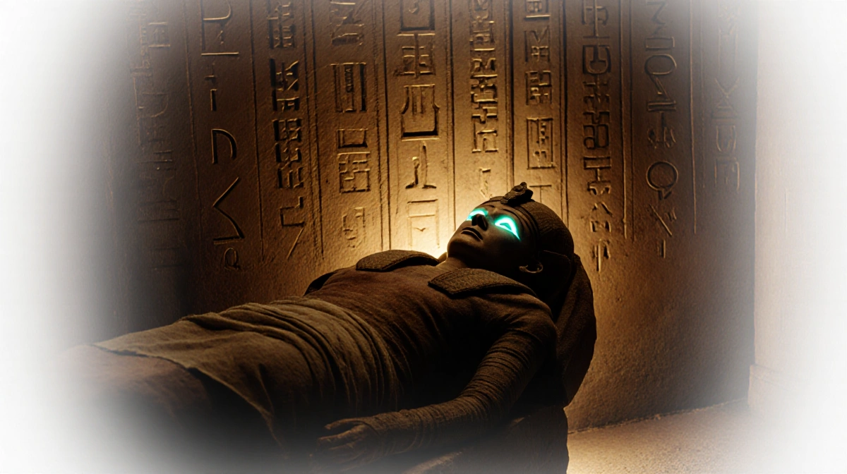 A mummy with glowing eyes peers from an open sarcophagus with golden light illuminating ancient Egyptian hieroglyphs on tomb