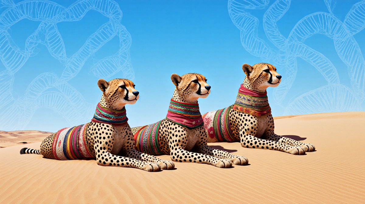 Three ancient mummified cheetahs stand on desert sand with traditional North African wrappings and DNA helix patterns behind