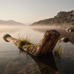 Ancient wooden tool submerging in dawn mist with mossy plants and rugged Greek lake rocks
