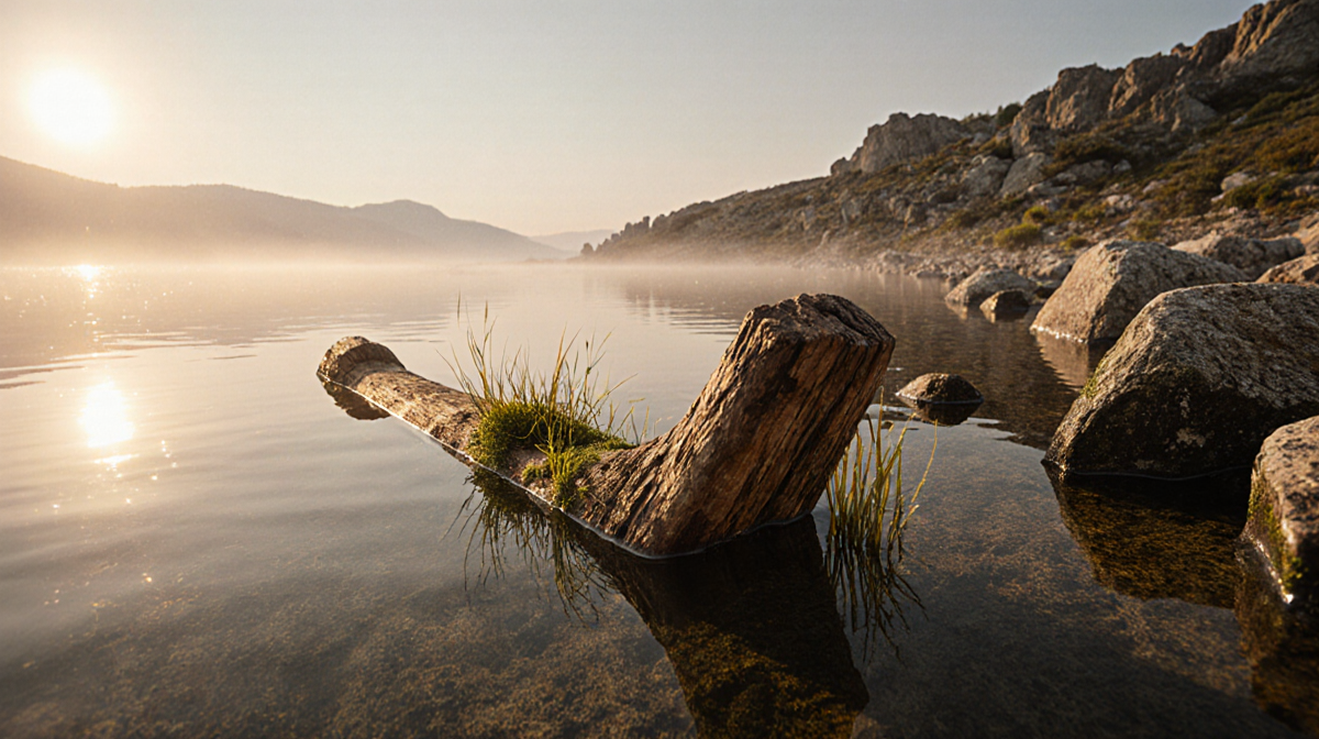 Ancient wooden tool submerging in dawn mist with mossy plants and rugged Greek lake rocks