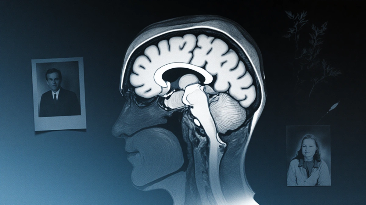 Brain scan with faint face outline and family photo showing melancholic blue tones