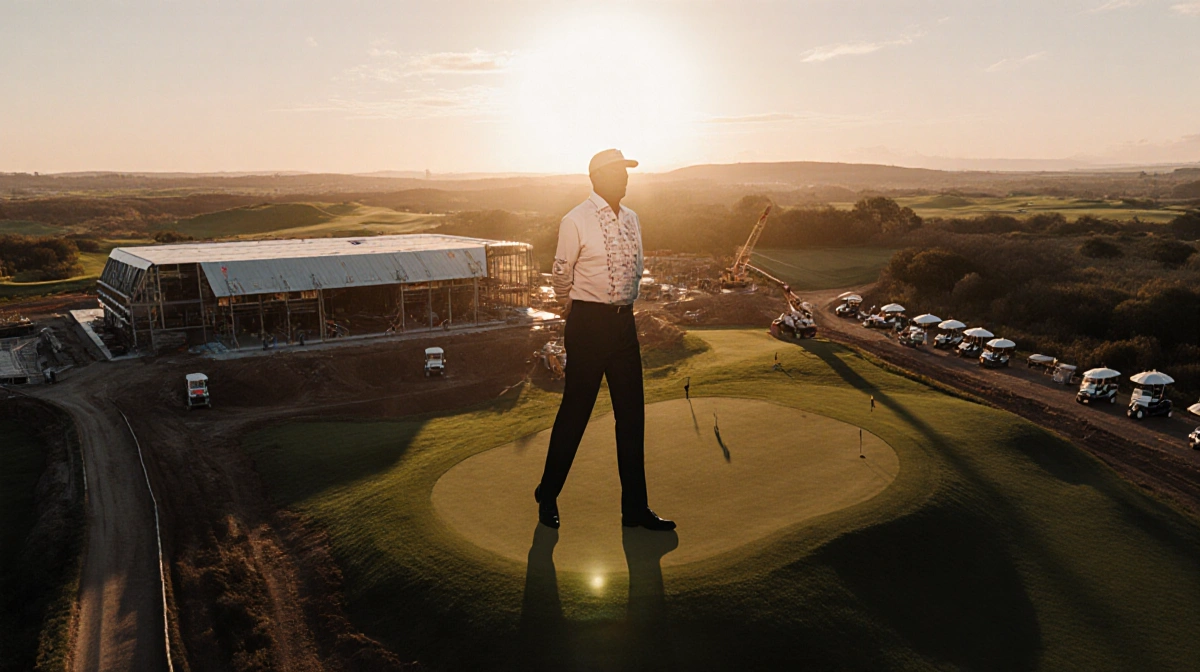 Jack Nicklaus silhouette standing on golf course green with half-built event center and sunset lighting the construction site