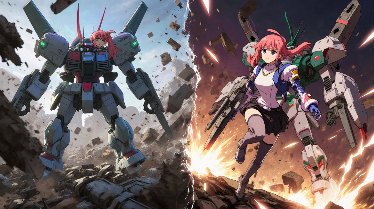 Rita stands between anime and 3D versions with mech battlefield wreckage and dynamic lighting