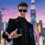 Anime director gesturing with determination against Tokyo skyline with neon lights reflecting on jacket