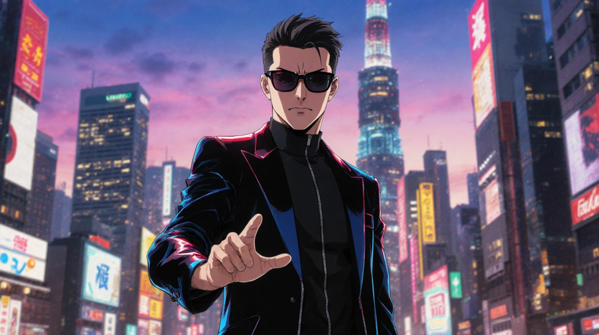 Anime director gesturing with determination against Tokyo skyline with neon lights reflecting on jacket