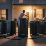 Child playing safely inside with Anker Solix E10 battery backup units arranged symmetrically and glowing warmly