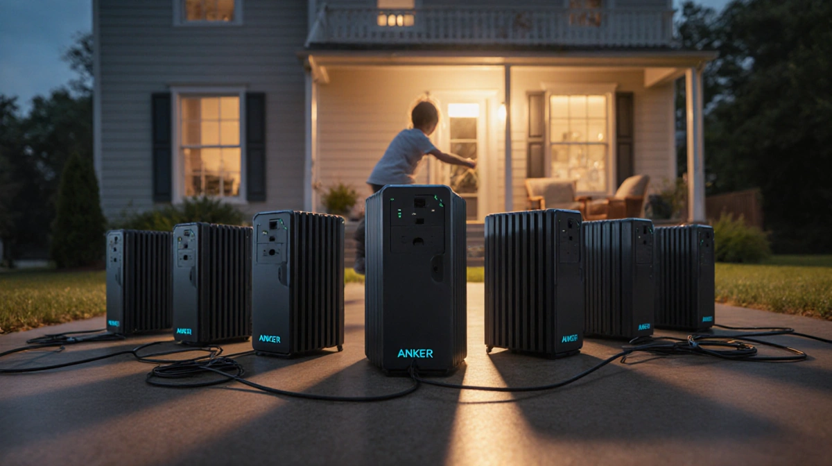 Child playing safely inside with Anker Solix E10 battery backup units arranged symmetrically and glowing warmly