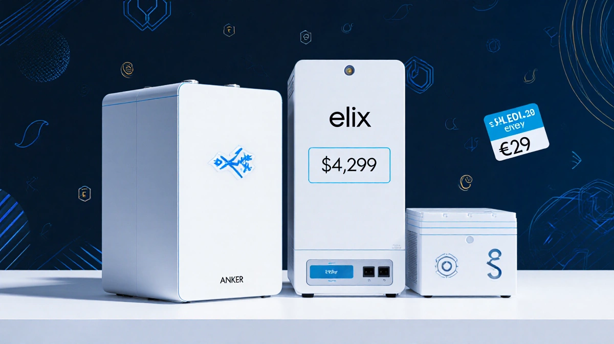 Anker Solix E10 battery backup system pricing table compares two products with visible price tags and modern electronic desig