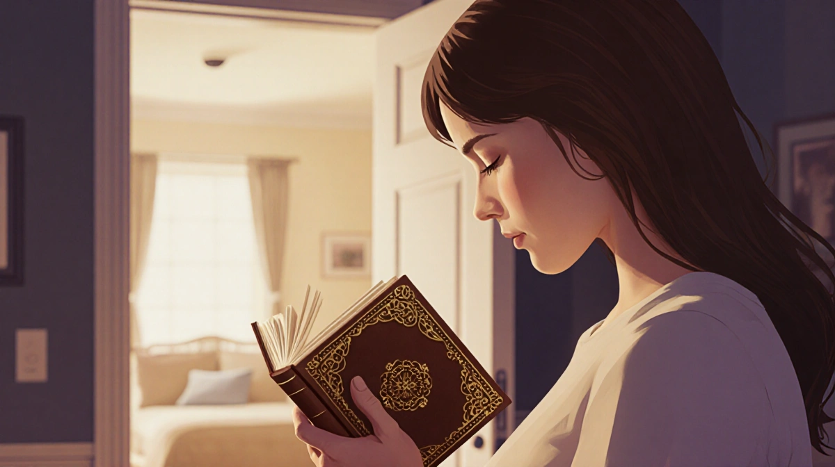 Woman holding leather book with gold filigree and soft light showing hope and renewal