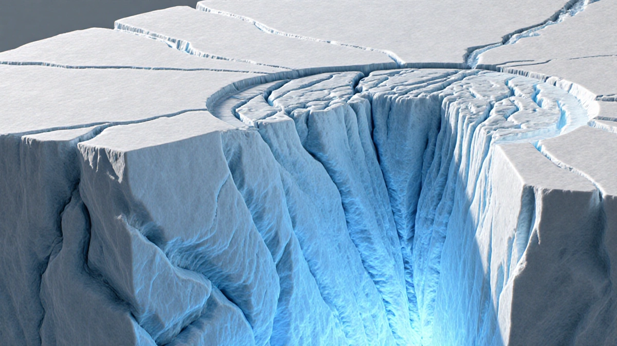 Antarctic glacier ice core reveals layered blue ice with glowing subglacial world visible through cracks