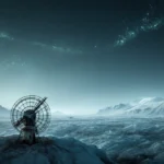 Weathered satellite antenna transmits signals across a subglacial Antarctic landscape with blue-green ice formations and dist